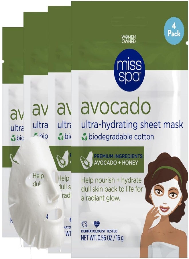 MISS SPA Avocado Ultra-Hydrating Sheet Mask Nourishing Face Mask with Avocado & Honey Deep Moisture Radiant Glow Biodegradable Cotton Dermatologist Tested Clean, 4 pack - Image 1